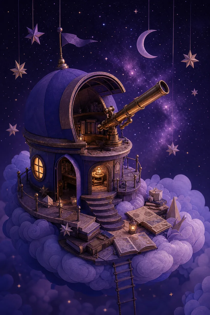 Original demo concept: a cloud-top observatory beneath a violet sky