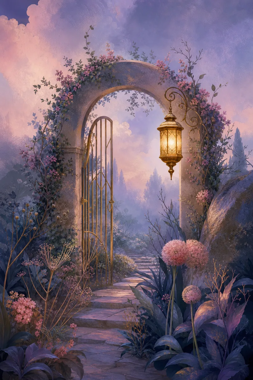 Original demo concept: a glowing garden gate at dusk
