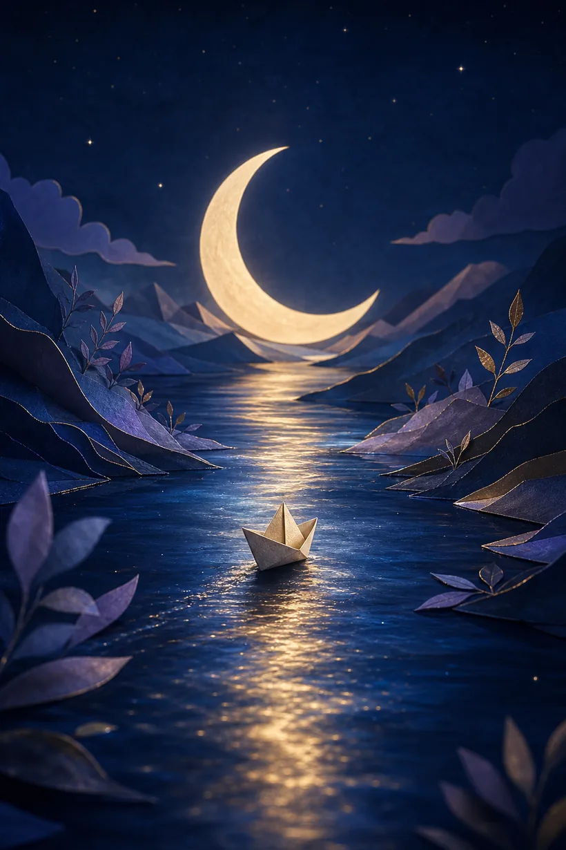 Original demo concept: a paper boat beneath a crescent moon